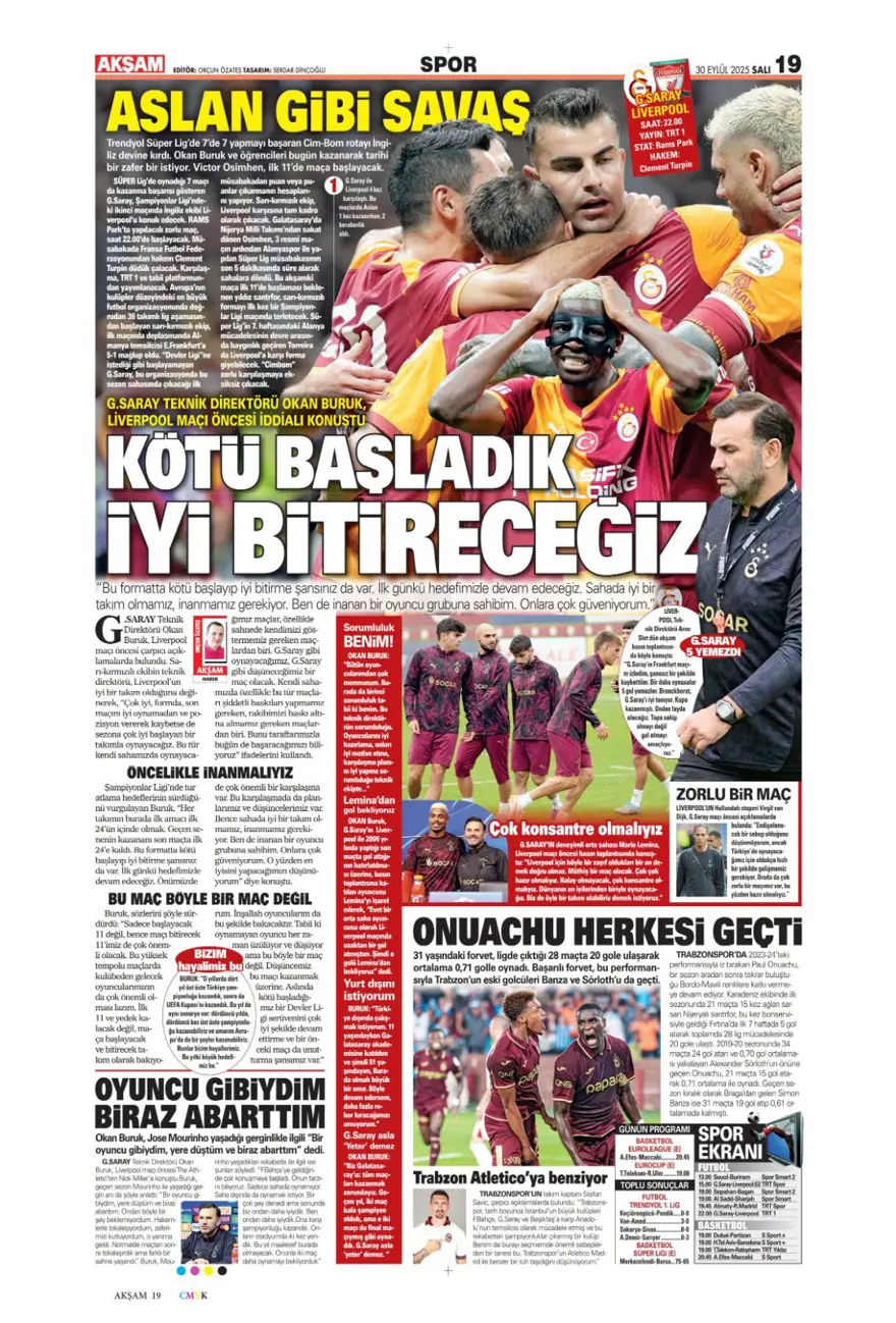 "Cehennem Liverpool'u bekliyor" (30 Eylül 2025 spor manşetleri) 
