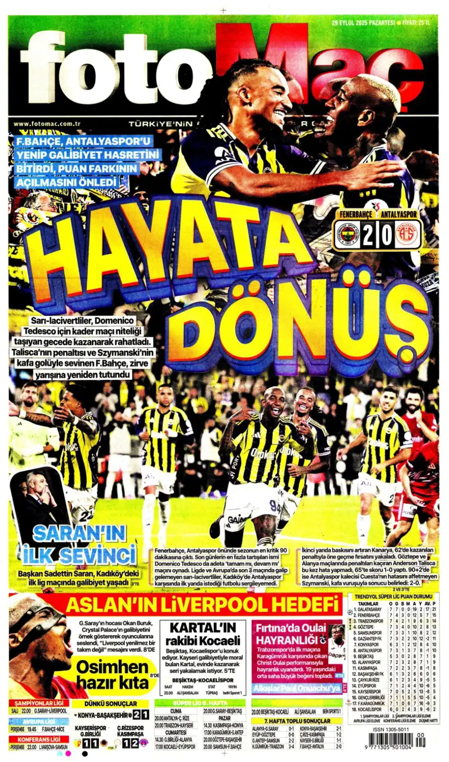 "Hayata dönüş" (29 Eylül 2025 spor manşetleri) 3