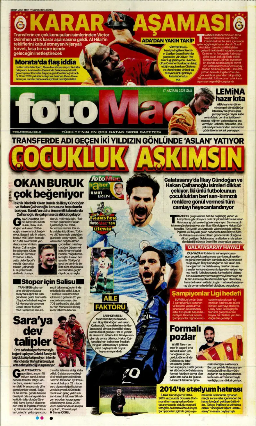 "Çalhanoğlu geri sayımı" (17 Haziran 2025 spor manşetleri) 15