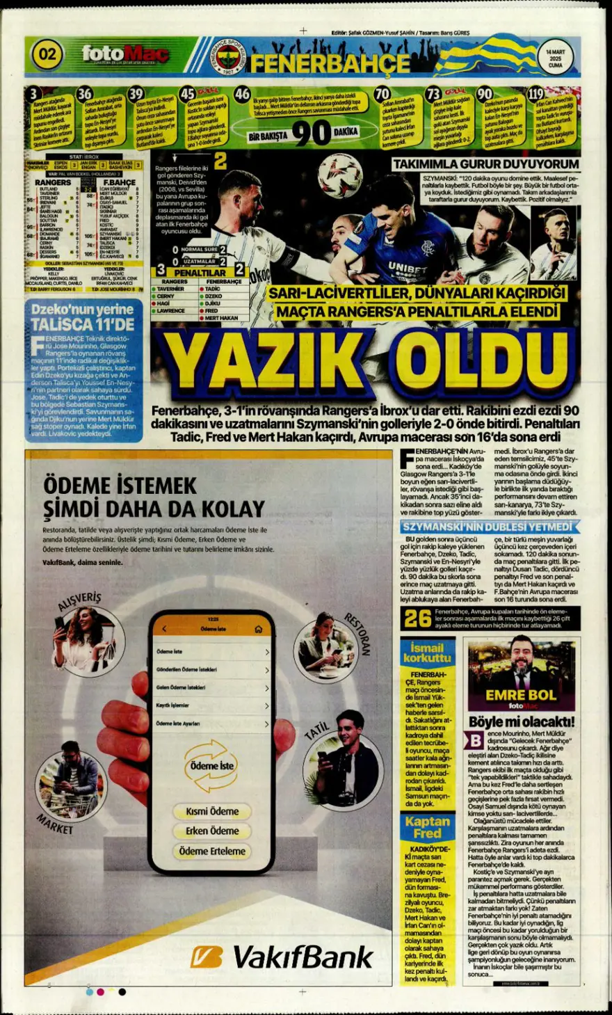 "Yazık oldu" (14 Mart 2025 spor manşetleri) 3