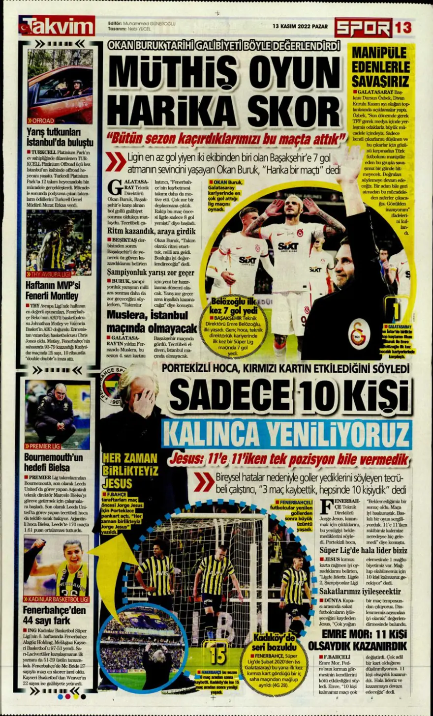 Günün spor manşetleri (13 Kasım 2022) 13