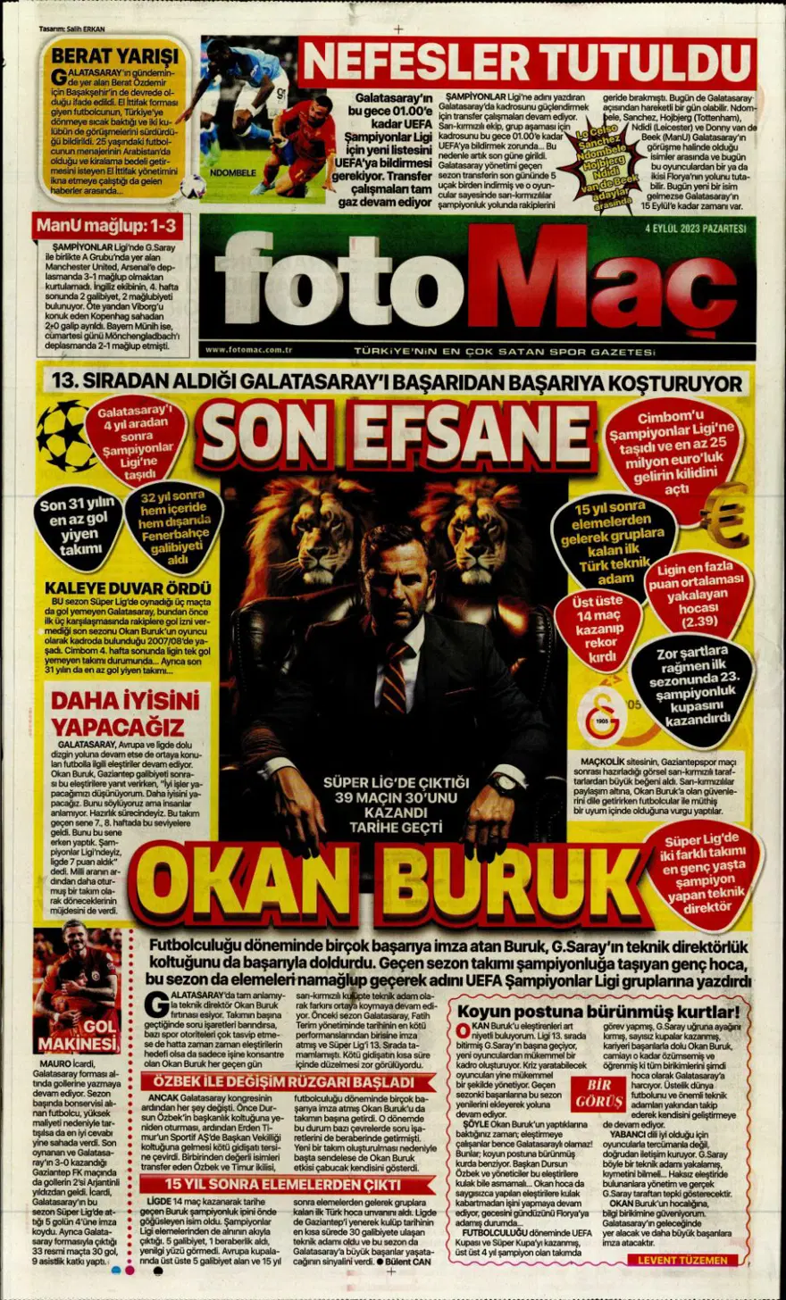 "Avrupa'nın Sultanları" (4 Eylül 2023 spor manşetleri) 6