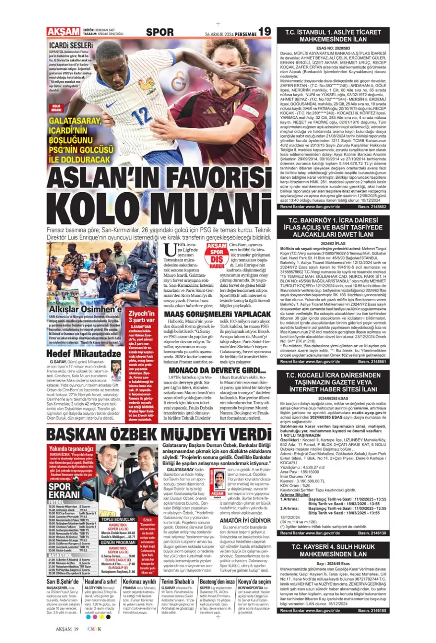 "Aslan'dan dev harekat" (26 Aralık 2024 spor manşetleri) 9