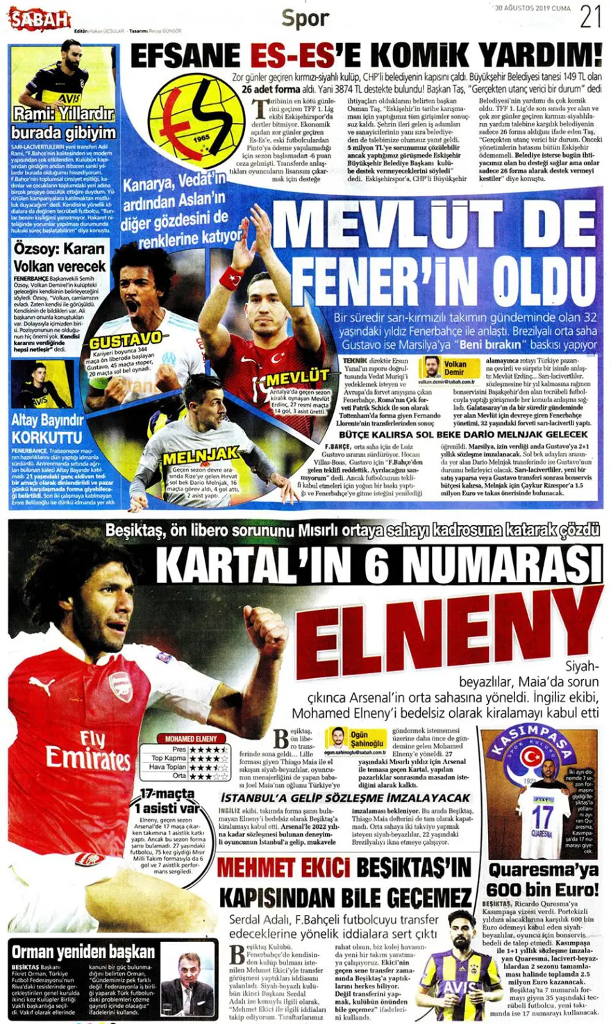 Günün spor manşetleri (30 Ağustos 2019) 9