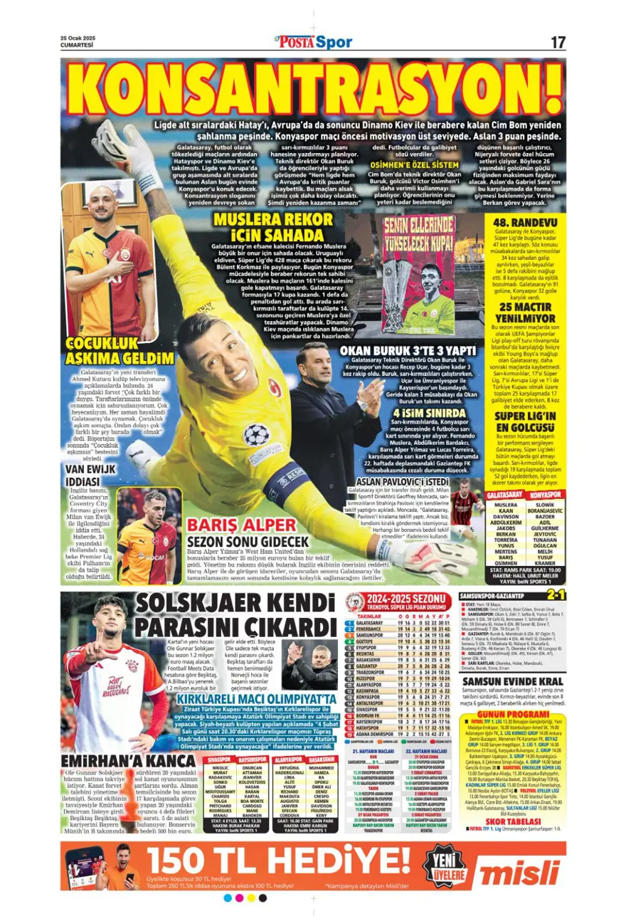 "Aslan'dan Talisca atağı" (25 Ocak 2025 spor manşetleri) 25