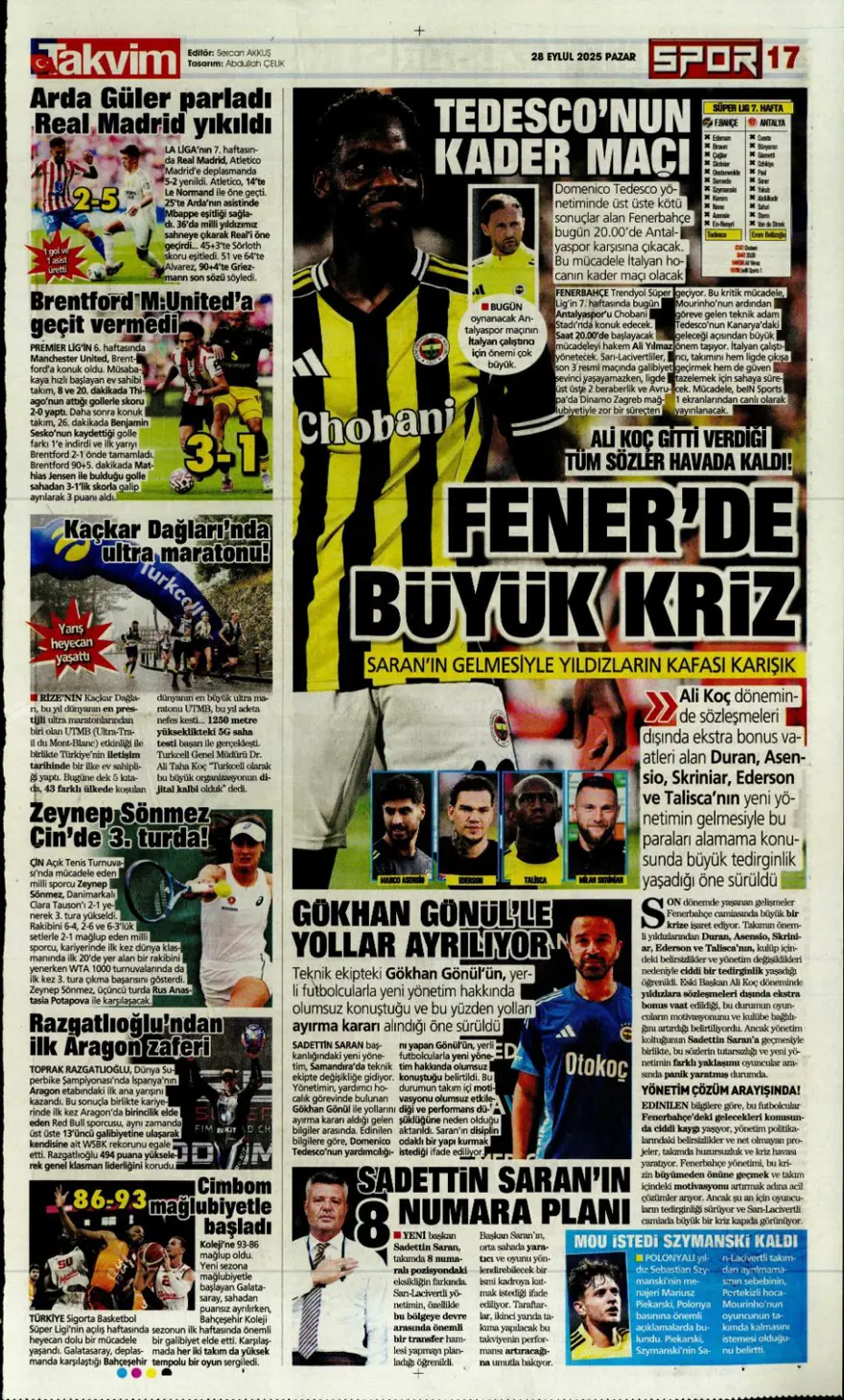 "Fenerbahçe'nin kader gecesi" (28 Eylül 2025 spor manşetleri) 2