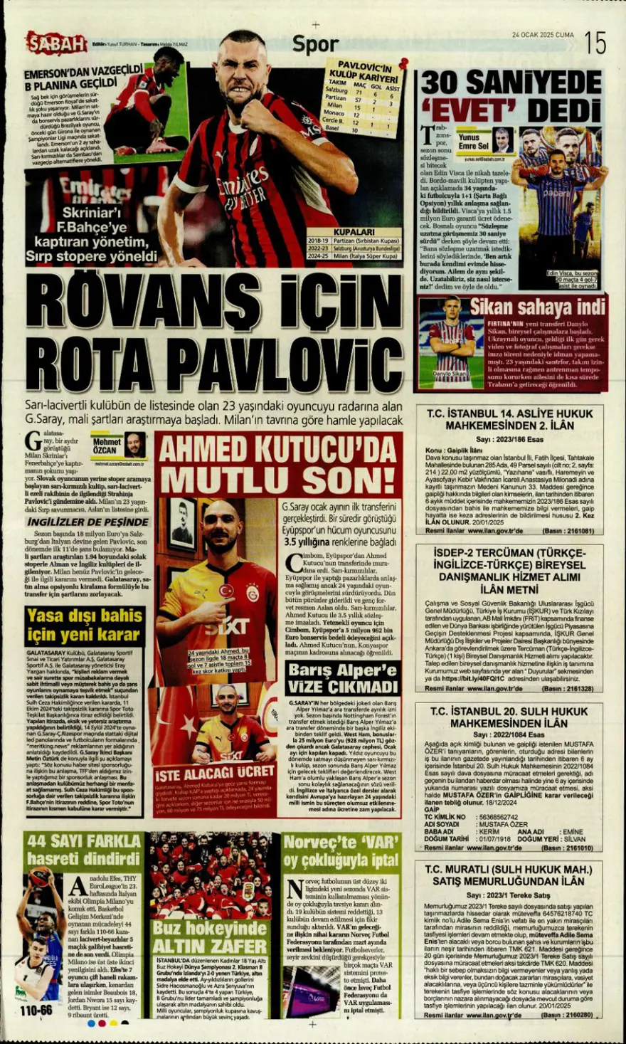 "Pavlovic sürprizi" (24 Ocak 2025 spor manşetleri) 23