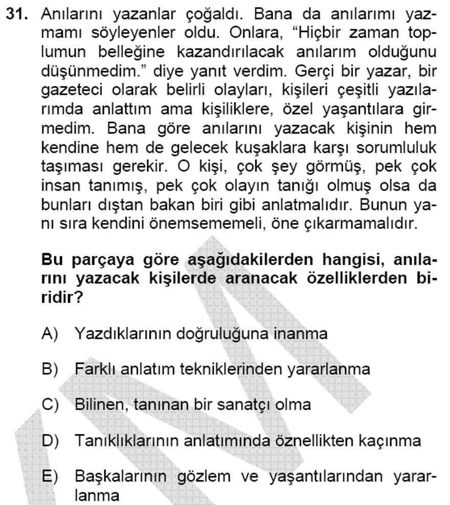 YGS Türkçe Soru ve Yanıtları 30