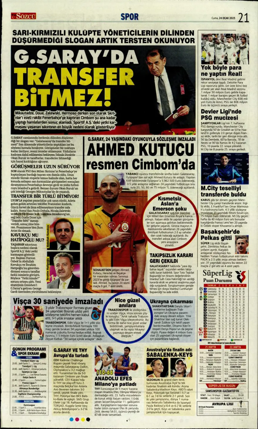 "Pavlovic sürprizi" (24 Ocak 2025 spor manşetleri) 26