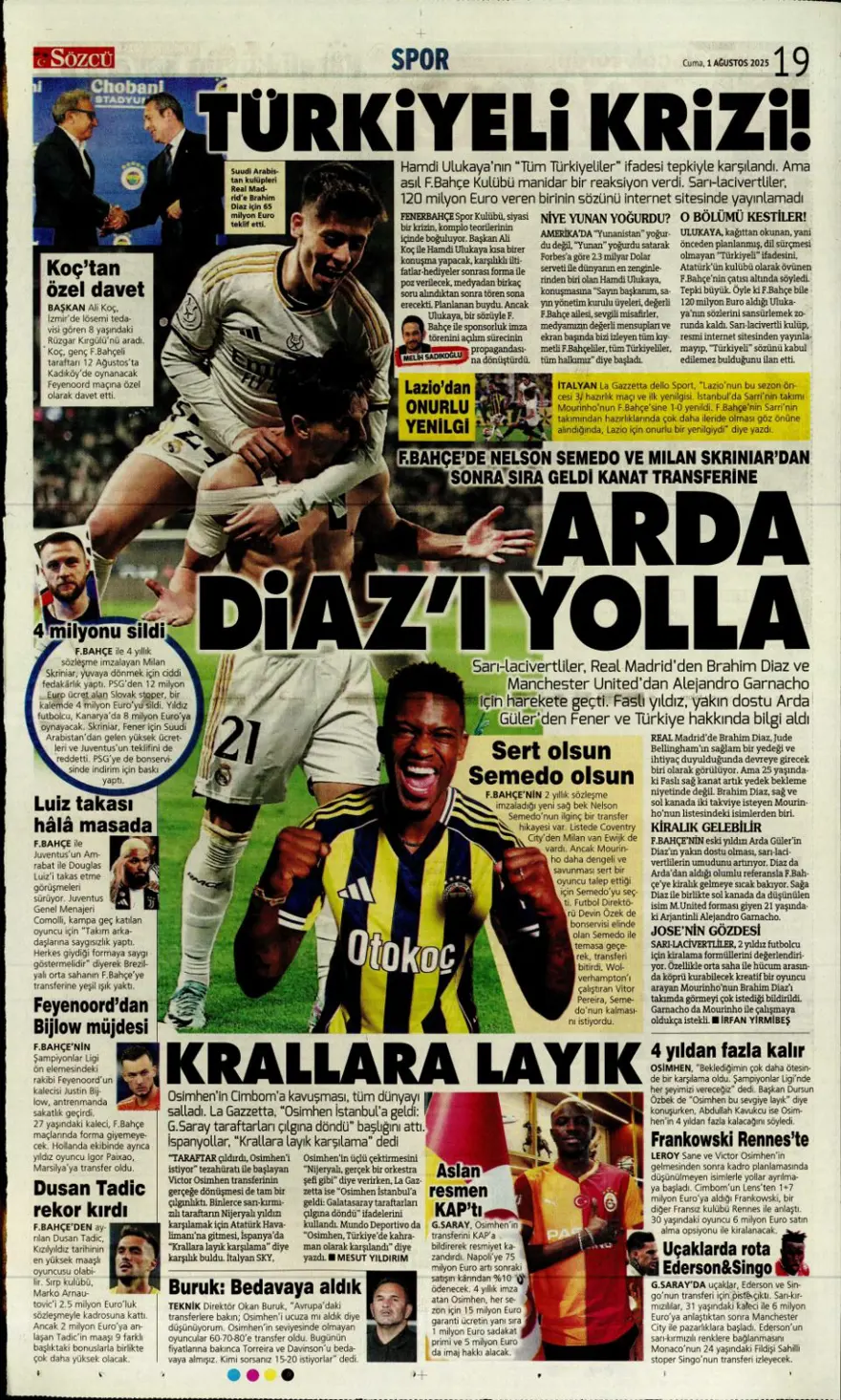 "Her yer karanlık" (1 Ağustos 2025 spor manşetleri) 20