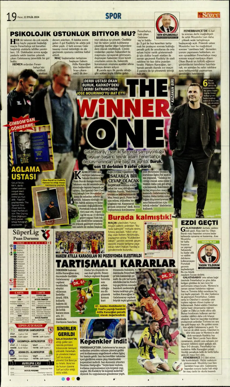 "Kadıköy Aslan'ı Galatasaray" (22 Eylül 2024 spor manşetleri) 25