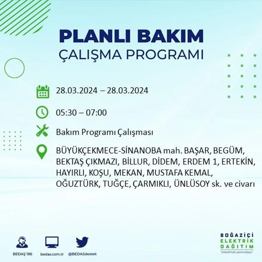 İstanbul'un 19 ilçesinde elektrik kesintisi: Elektrikler ne zaman gelecek? (28 Mart tarihli BEDAŞ kesinti programı) 21