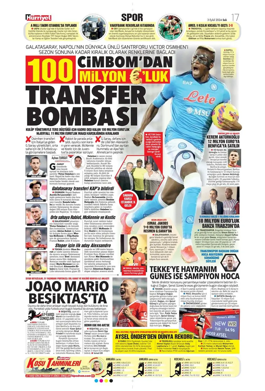 "100 milyon euroluk golcü" (3 Eylül 2024 spor manşetleri) 11