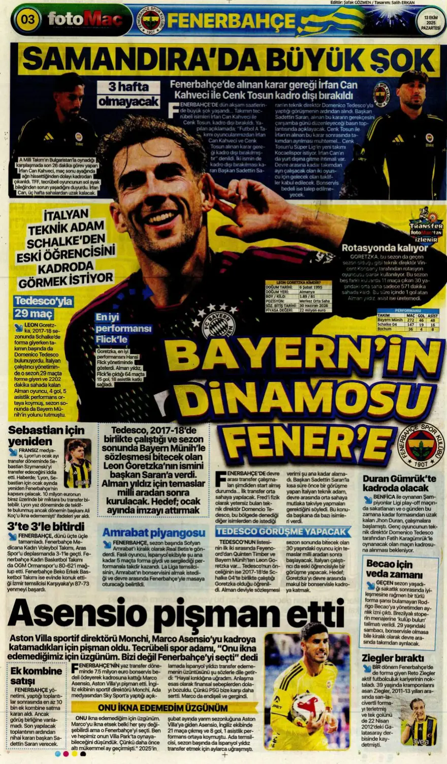 "Bayern'in dinamosu Fener'e..." (13 Ekim 2025 spor manşetleri) 5