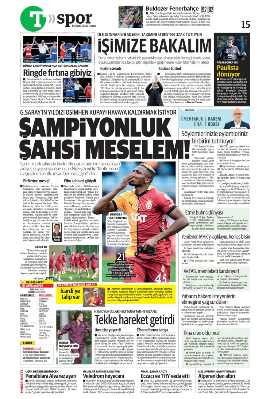 "Yazık oldu" (14 Mart 2025 spor manşetleri) 16