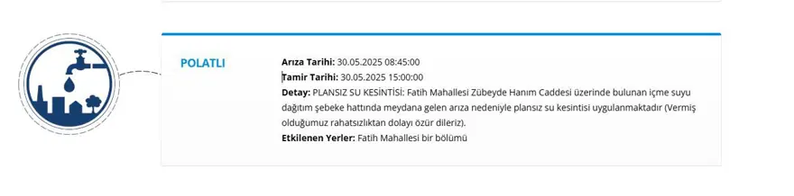 Ankara'da (Polatlı, Gölbaşı) sular ne zaman gelecek? ASKİ 30 Mayıs su kesintisi programı 2