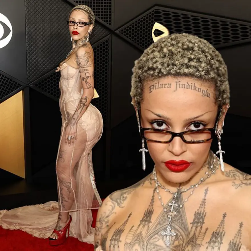 DİLARA FINDIKOĞLU TASARIMI GİYEN DOJA CAT'İN ALNINDAKİ DÖVME 1