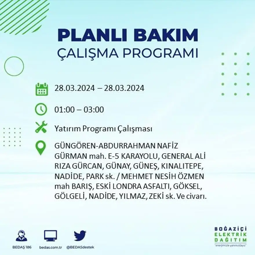 İstanbul'un 19 ilçesinde elektrik kesintisi: Elektrikler ne zaman gelecek? (28 Mart tarihli BEDAŞ kesinti programı) 33