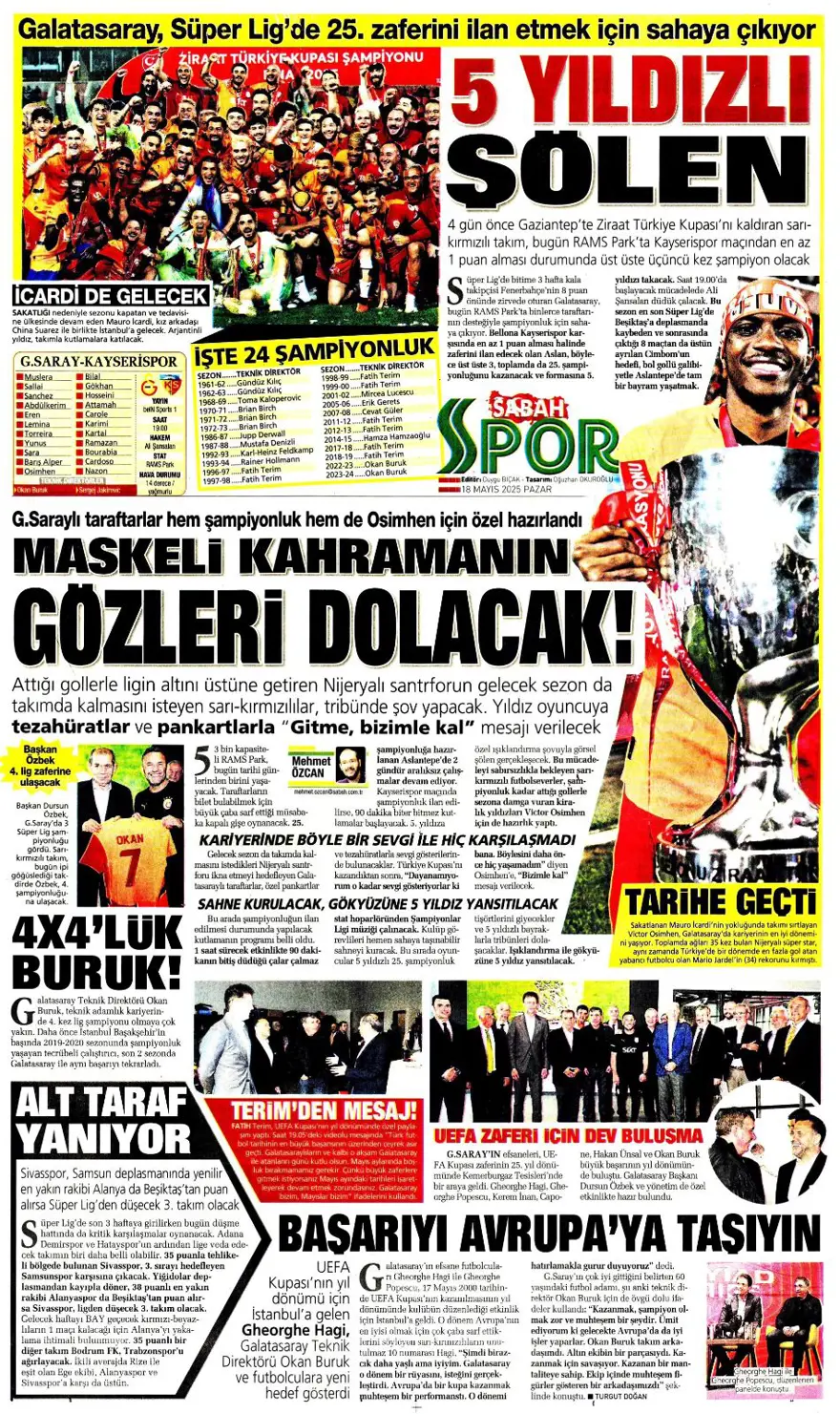 "Devler Ligi hediyesi Silva" (18 Mayıs 2025 spor manşetleri) 18 "Devler Ligi hediyesi Silva" (18 Mayıs 2025 spor manşetleri) 18