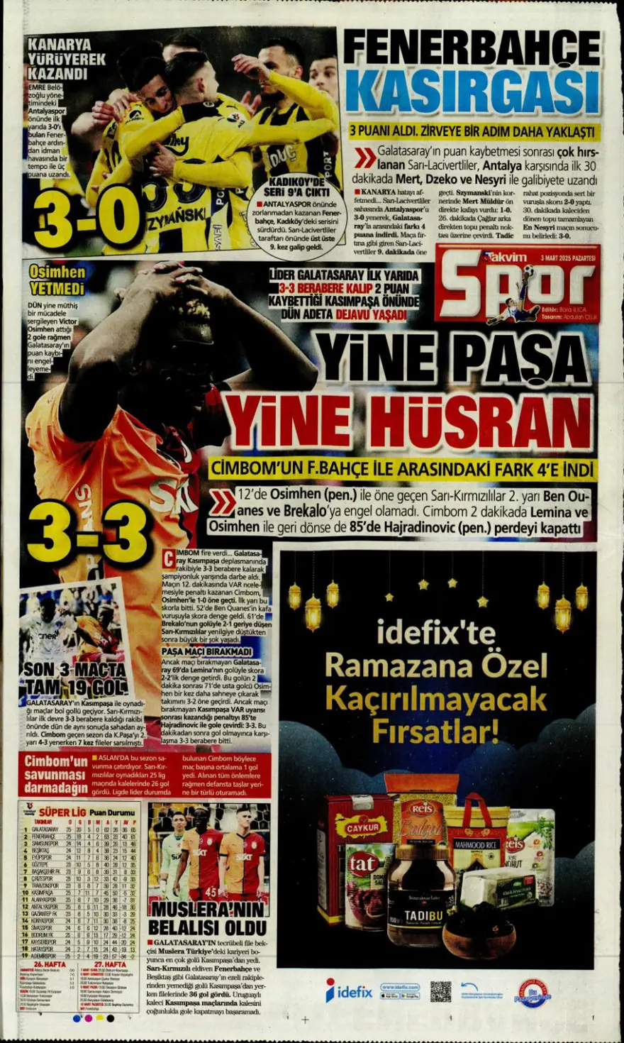 "Zirvede fark eriyor" (3 Mart 2025 spor manşetleri) 14