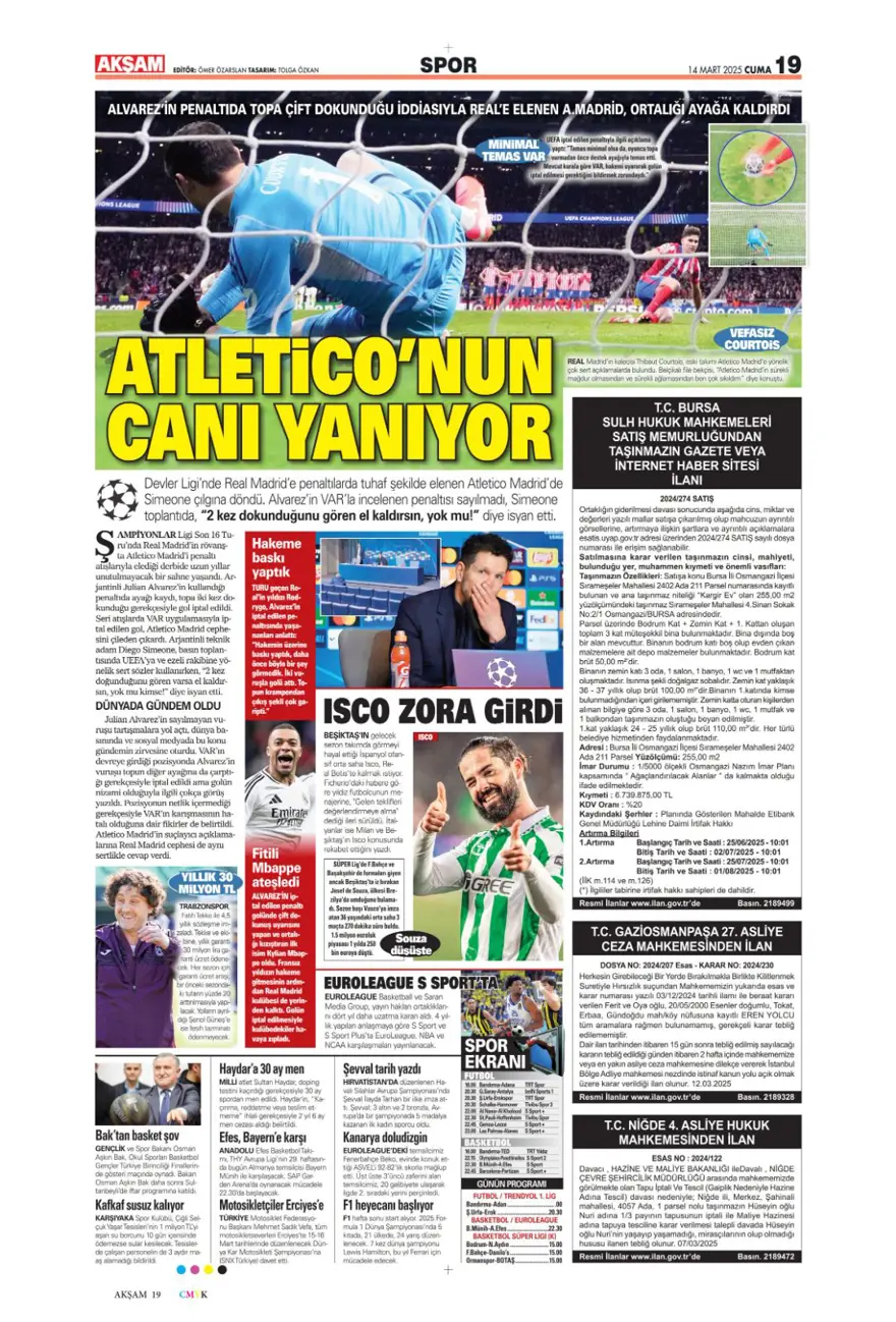 "Yazık oldu" (14 Mart 2025 spor manşetleri) 19