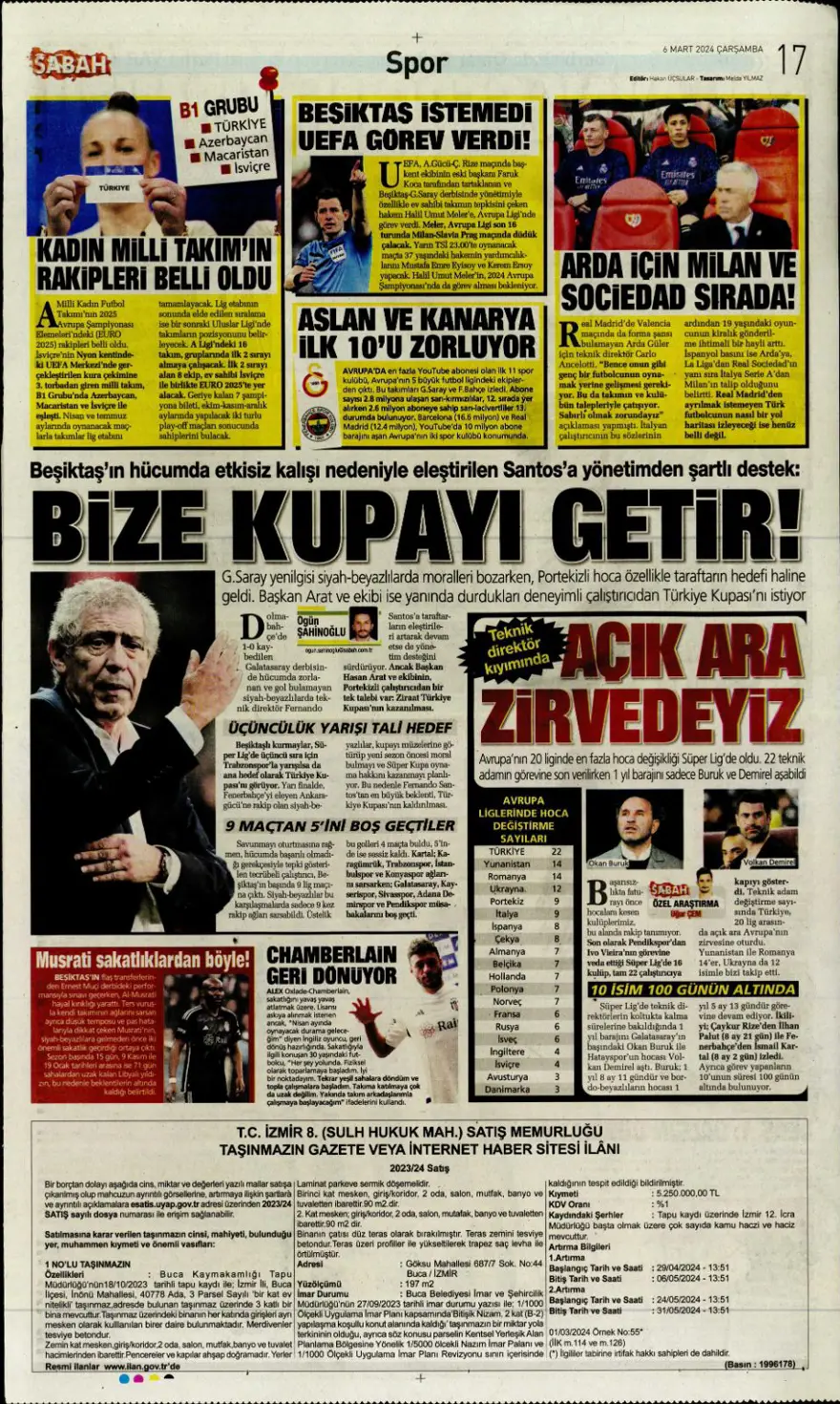 "Transfer planı şimdiden hazır" (6 Mart 2024 spor manşetleri) 6