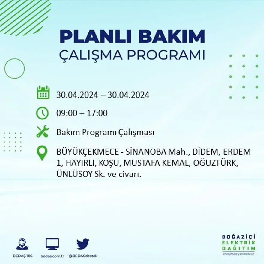 İstanbul'un 23 ilçesinde elektrik kesintisi: Elektrikler ne zaman gelecek? (30 Nisan tarihli BEDAŞ kesinti programı) 28