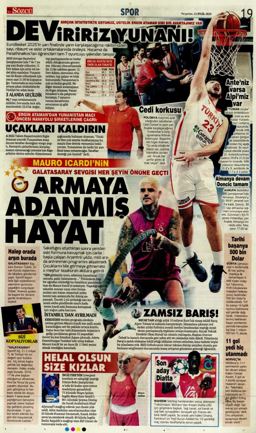 "Aslan'a yeni Mertens" (11 Eylül spor manşetleri) 19