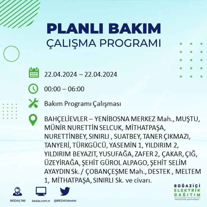 22 Nisan tarihli BEDAŞ kesinti programı: İstanbul'un 18 ilçesinde elektrik kesintisi: Elektrikler ne zaman gelecek? 15 22 Nisan tarihli BEDAŞ kesinti programı: İstanbul'un 18 ilçesinde elektrik kesintisi: Elektrikler ne zaman gelecek? 15