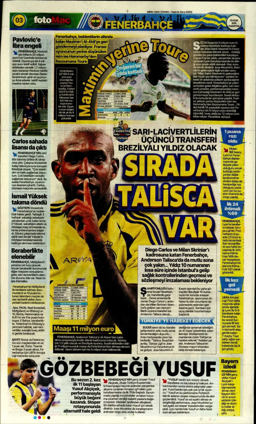 "Aslan'dan Talisca atağı" (25 Ocak 2025 spor manşetleri) 14