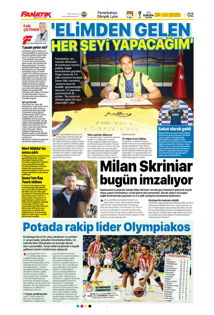 "Pavlovic sürprizi" (24 Ocak 2025 spor manşetleri) 11