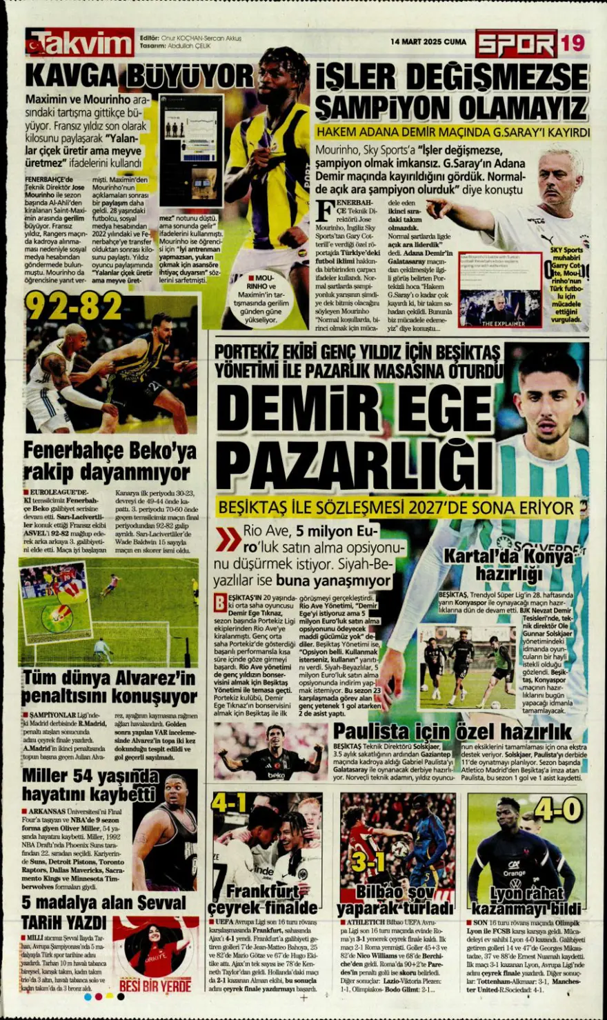 "Yazık oldu" (14 Mart 2025 spor manşetleri) 13