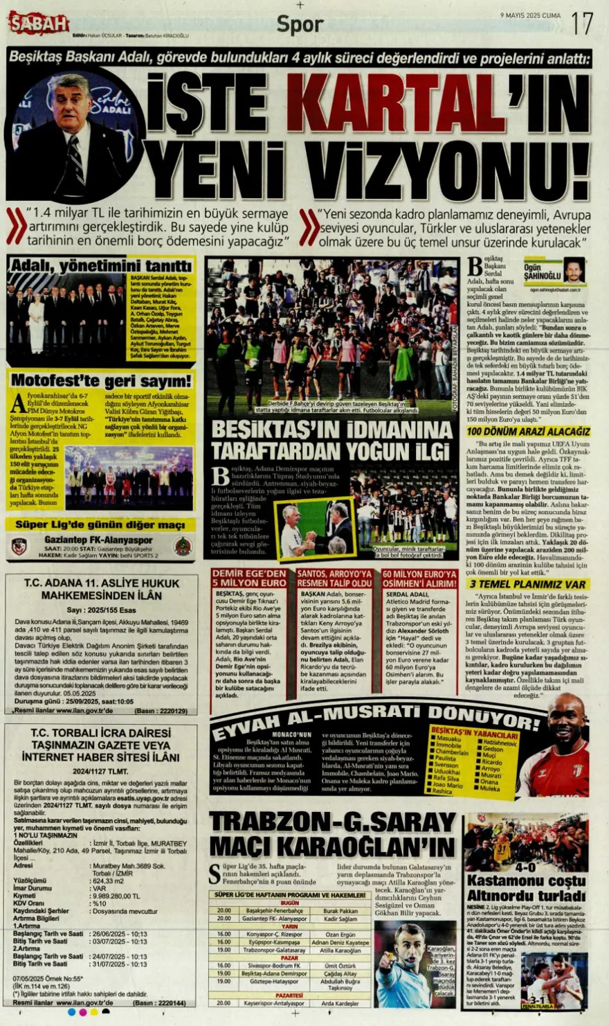 "Galatasaray 10'un peşini bırakmıyor" (9 Mayıs 2025 spor manşetleri) 25