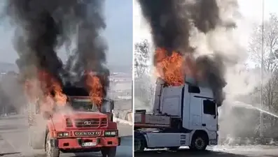 Aynı noktada yarım saat arayla iki kamyonda yangın