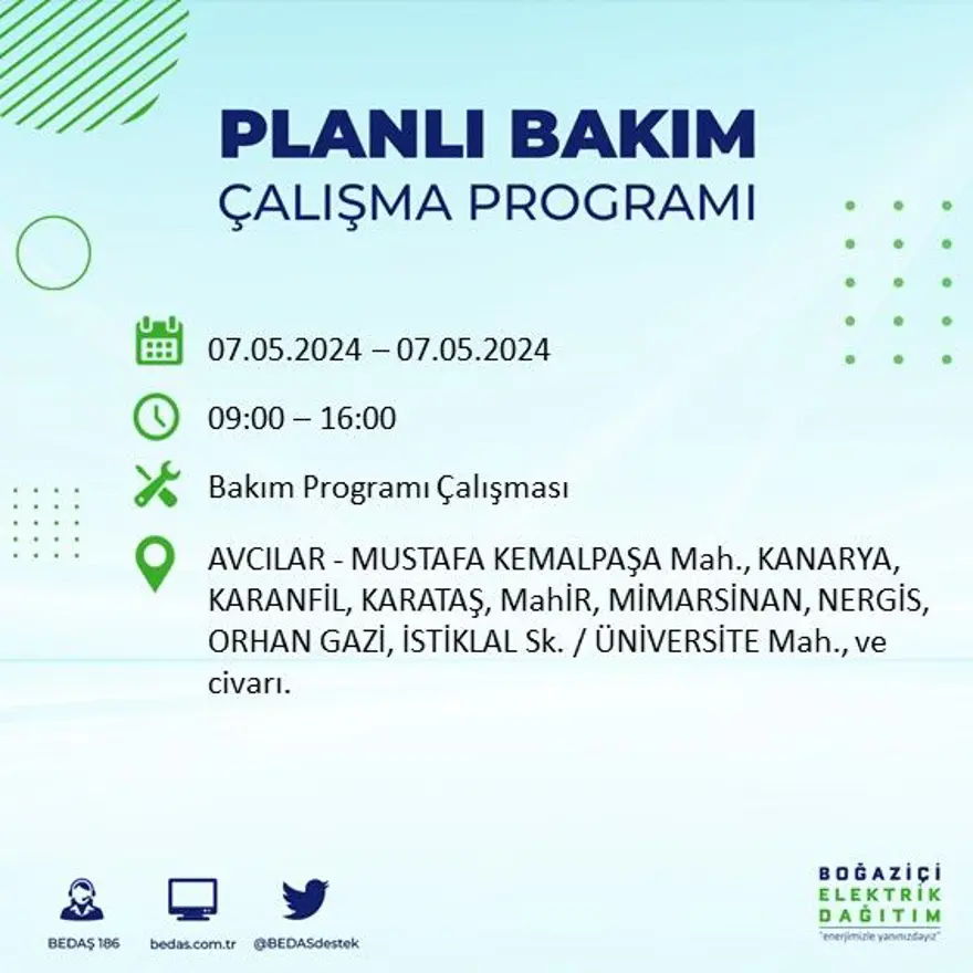 İstanbul'un 23 ilçesinde elektrik kesintisi: Elektrikler ne zaman gelecek? (7 Mayıs tarihli BEDAŞ kesinti programı) 3 İstanbul'un 23 ilçesinde elektrik kesintisi: Elektrikler ne zaman gelecek? (7 Mayıs tarihli BEDAŞ kesinti programı) 3