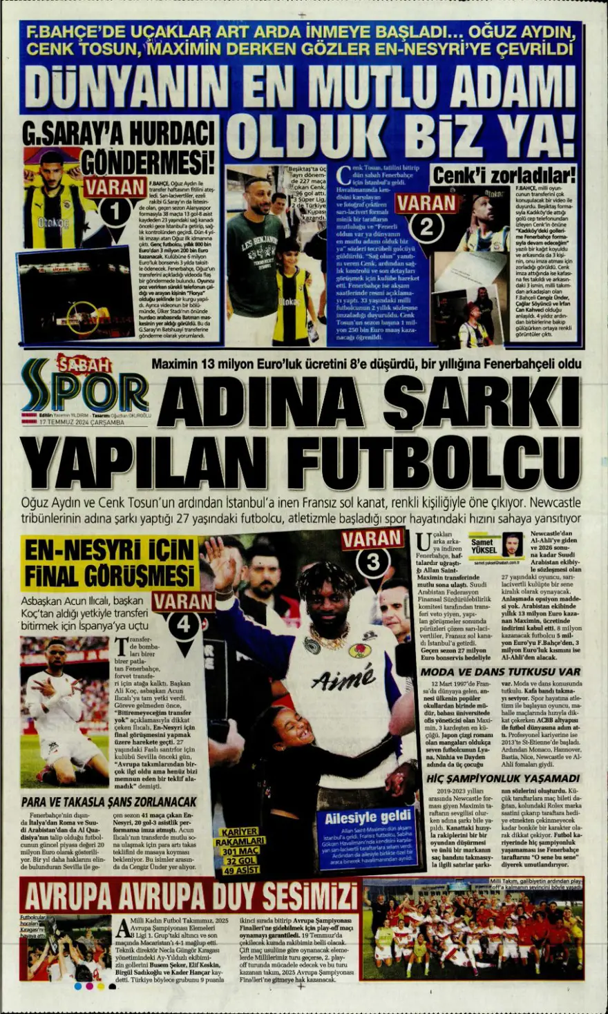 "Son aday Jelert" (17 Temmuz 2024 spor manşetleri) 7
