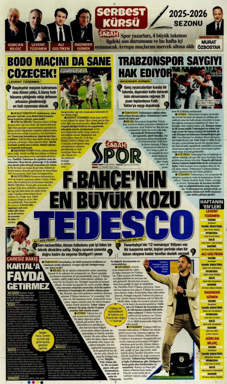 "Fenerbahçe'nin kader virajı" (21 Ekim 2025 spor manşetleri) 18