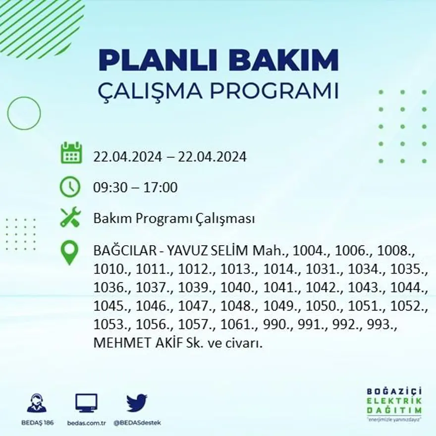 22 Nisan tarihli BEDAŞ kesinti programı: İstanbul'un 18 ilçesinde elektrik kesintisi: Elektrikler ne zaman gelecek? 4 22 Nisan tarihli BEDAŞ kesinti programı: İstanbul'un 18 ilçesinde elektrik kesintisi: Elektrikler ne zaman gelecek? 4