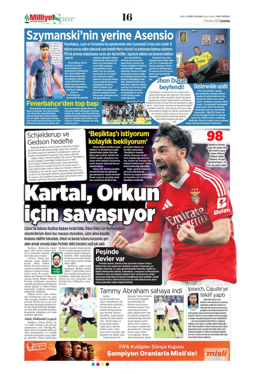 "Peters'a resmi teklif" (9 Temmuz 2025 spor manşetleri) 8