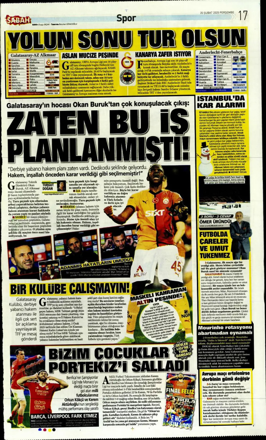 "Fenerbahçe zafer, Aslan destan peşinde" (20 Şubat spor manşetleri) 11