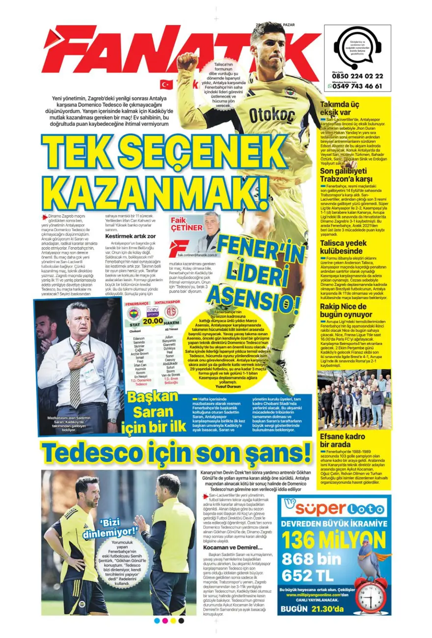 "Fenerbahçe'nin kader gecesi" (28 Eylül 2025 spor manşetleri) 