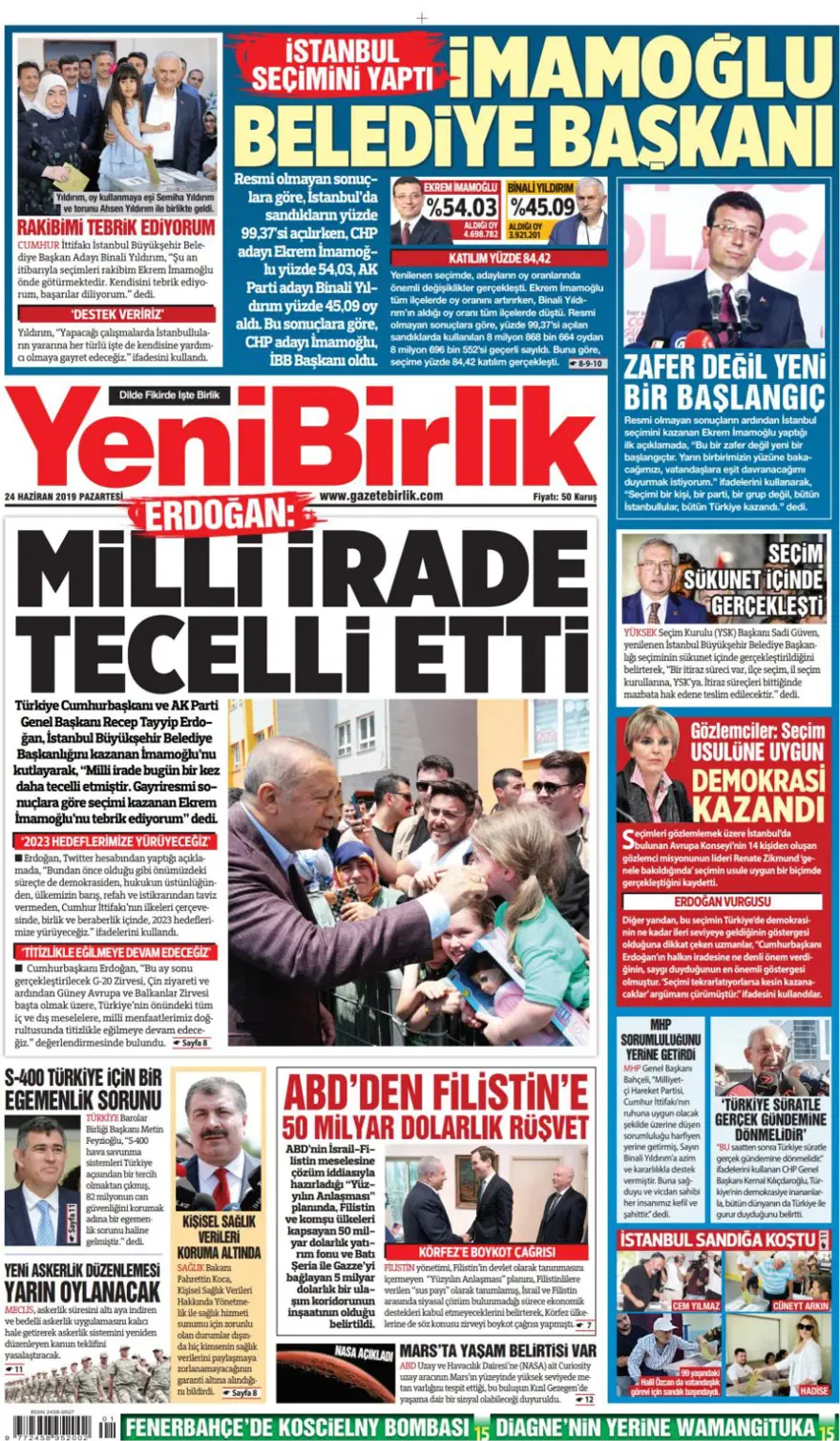 Gazeteler 23 Haziran İstanbul seçimini böyle gördü (24 Haziran 2019 Ga