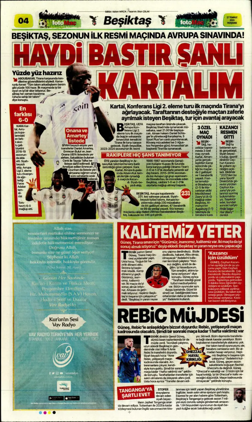 "Hücumda joker Rebic" günün spor manşetleri (27 Temmuz 2023) 14