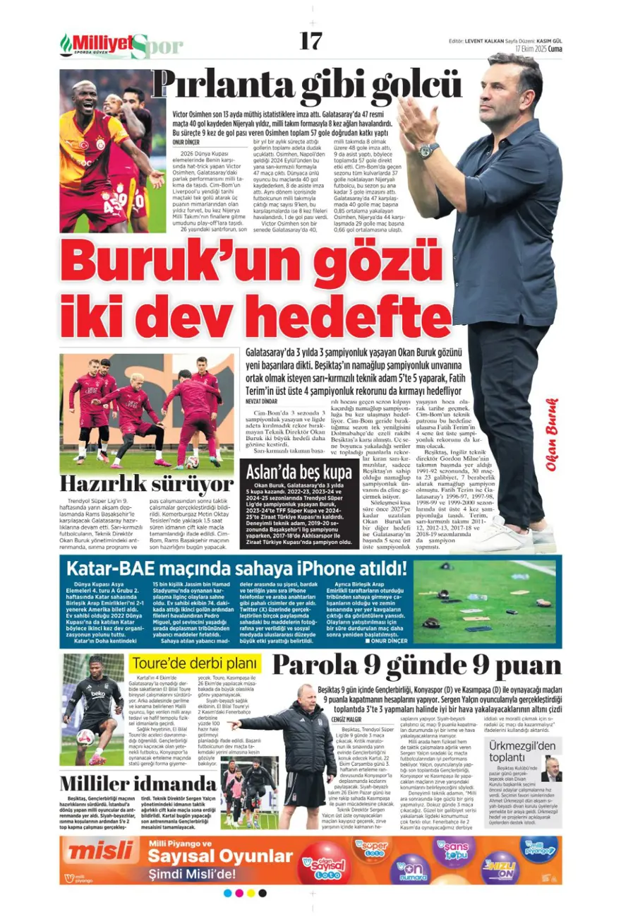 "Savic derbisi" (17 Ekim 2025 spor manşetleri) 8