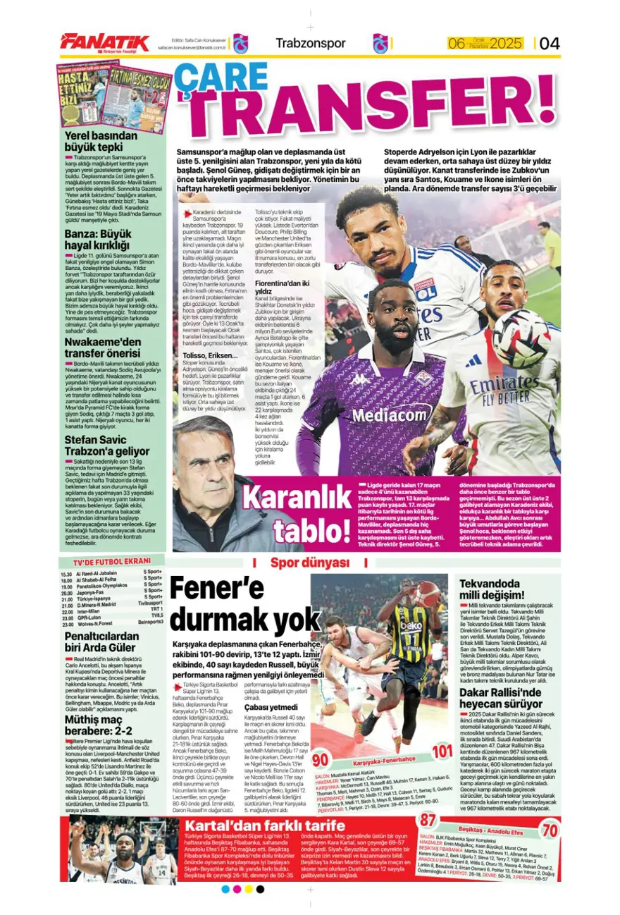 "Hızlı tren Nesyri" (6 Ocak 2025 spor manşetleri) 11