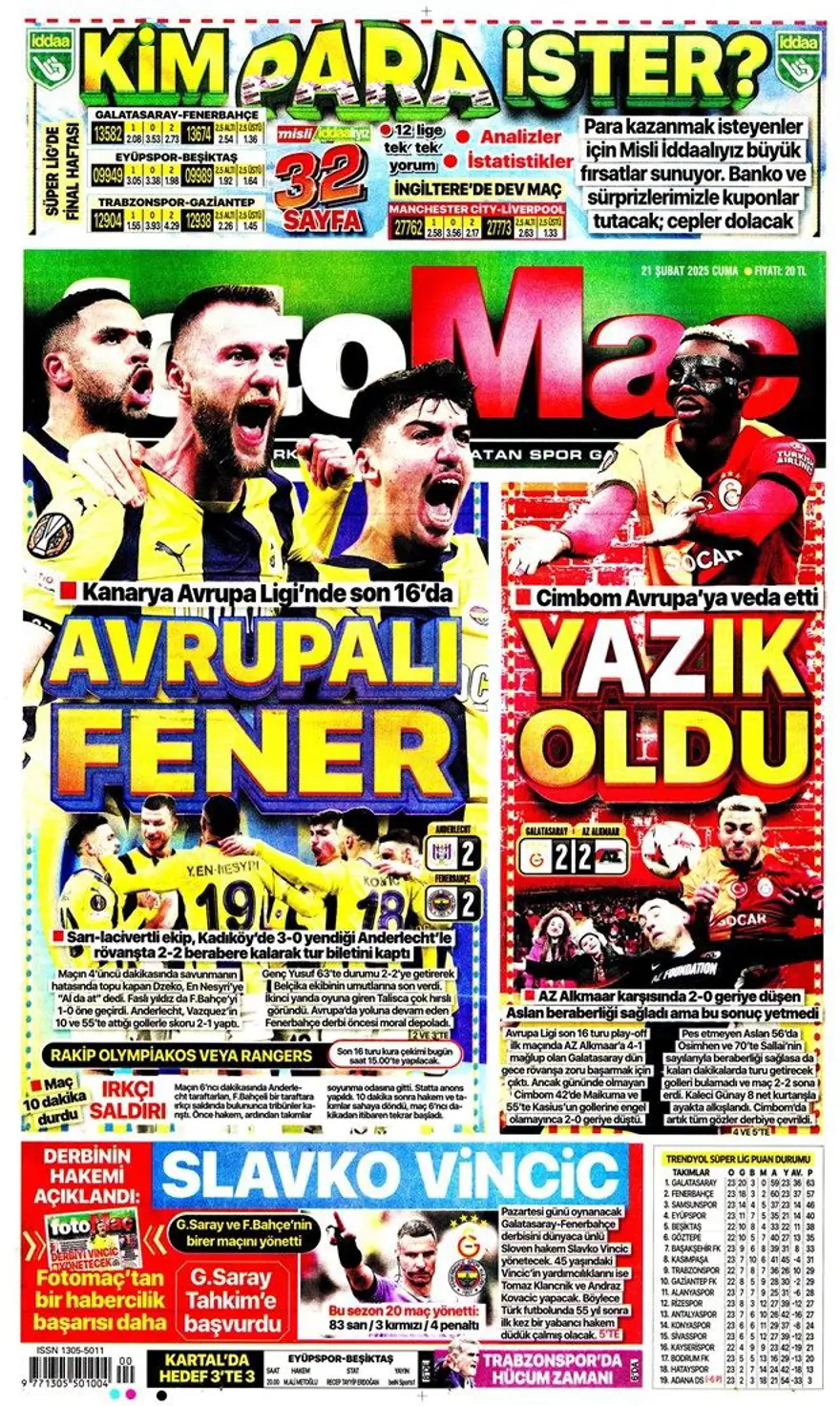 "Fener işi bitirdi" (21 Şubat 2025 spor manşetleri) 24