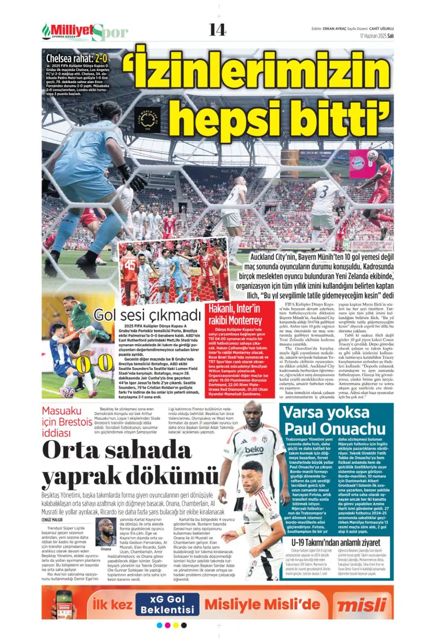 "Çalhanoğlu geri sayımı" (17 Haziran 2025 spor manşetleri) 18