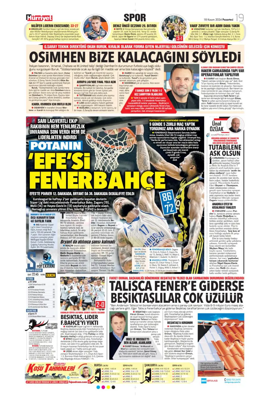 “Fenerbahçe’de dev takas” (18Kasım 2024 spor manşetleri) 19
