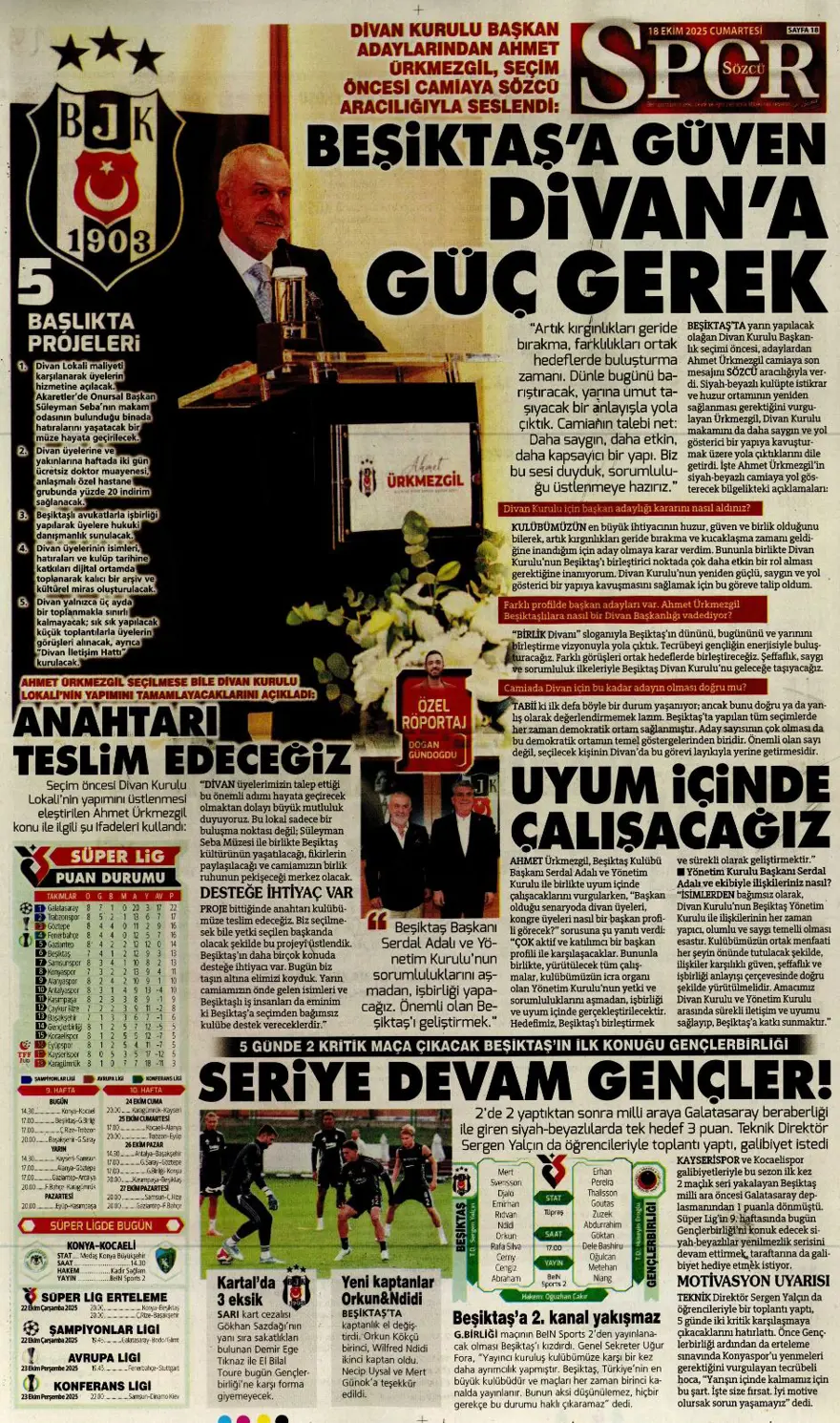 "Yine yeniden Ceballos" (18 Ekim 2025 spor manşetleri) 17