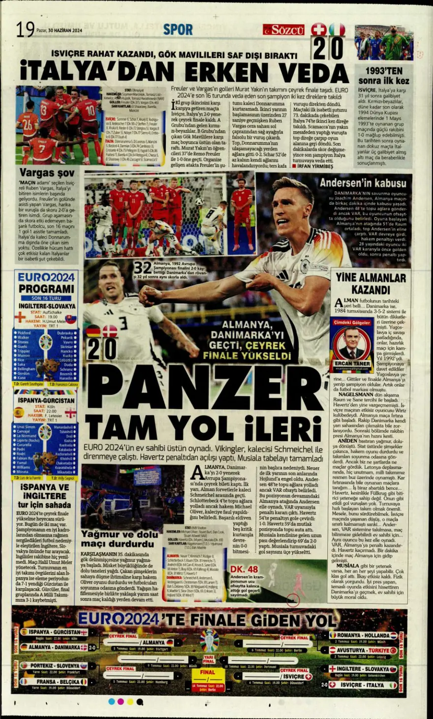 "Avusturya'ya farklı 11" (30 Haziran 2024 spor manşetleri) 30